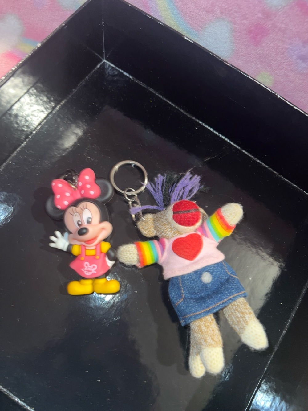 Disney Minnie Mouse Pink Keychain with Rainbow Plush Doll Pair